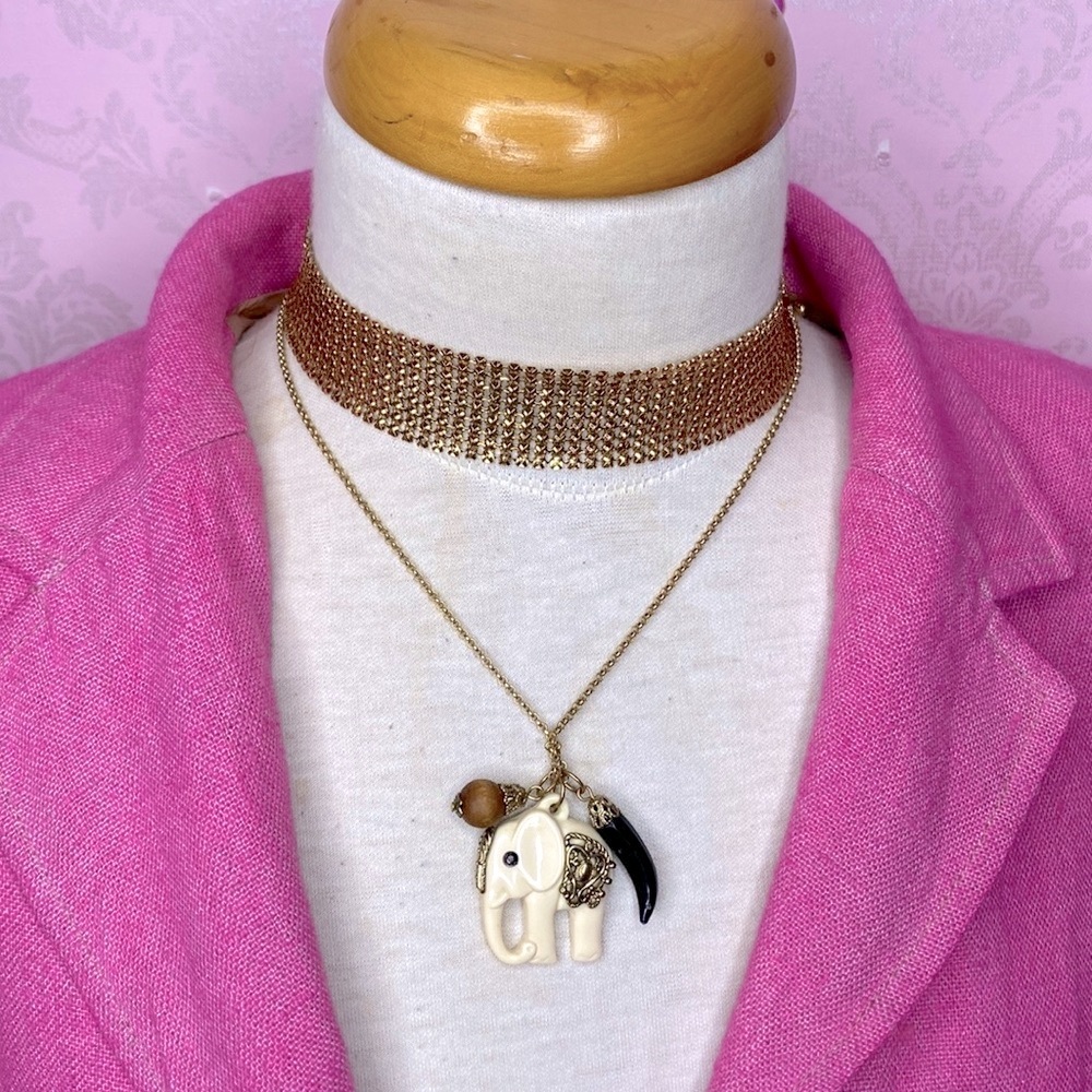 🌹 Set of 2 🌹 White Gold Elephant Pendant Necklace w/ Charms & Gold Toned Choker🌹